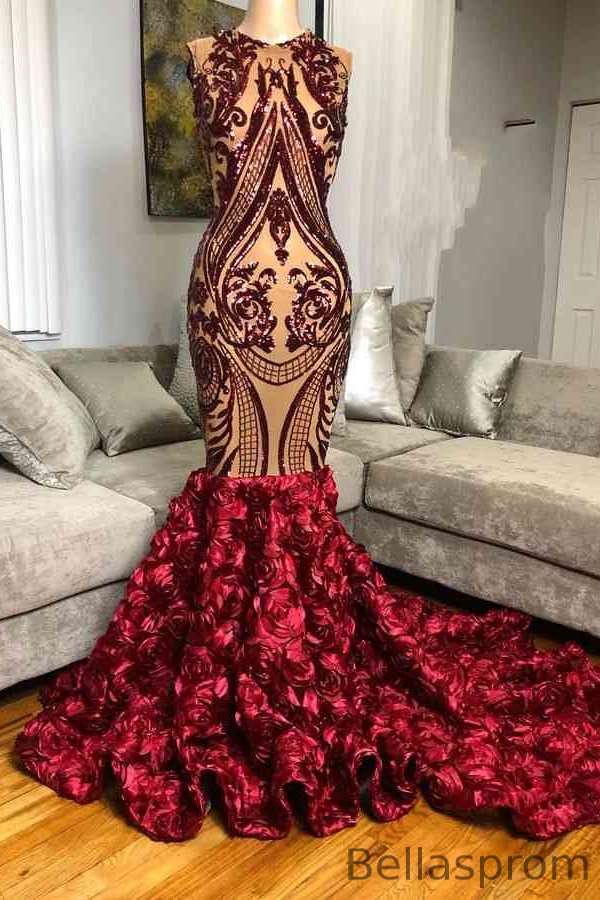 Bellasprom Burgundy Sleeveless Mermaid Prom Dress Sequins With Flowers Bottom Bellasprom
