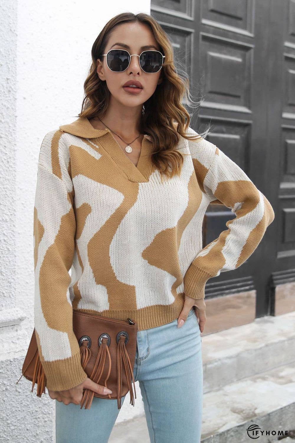 Two-Tone Johnny Collar Dropped Shoulder Pullover Sweater | IFYHOME
