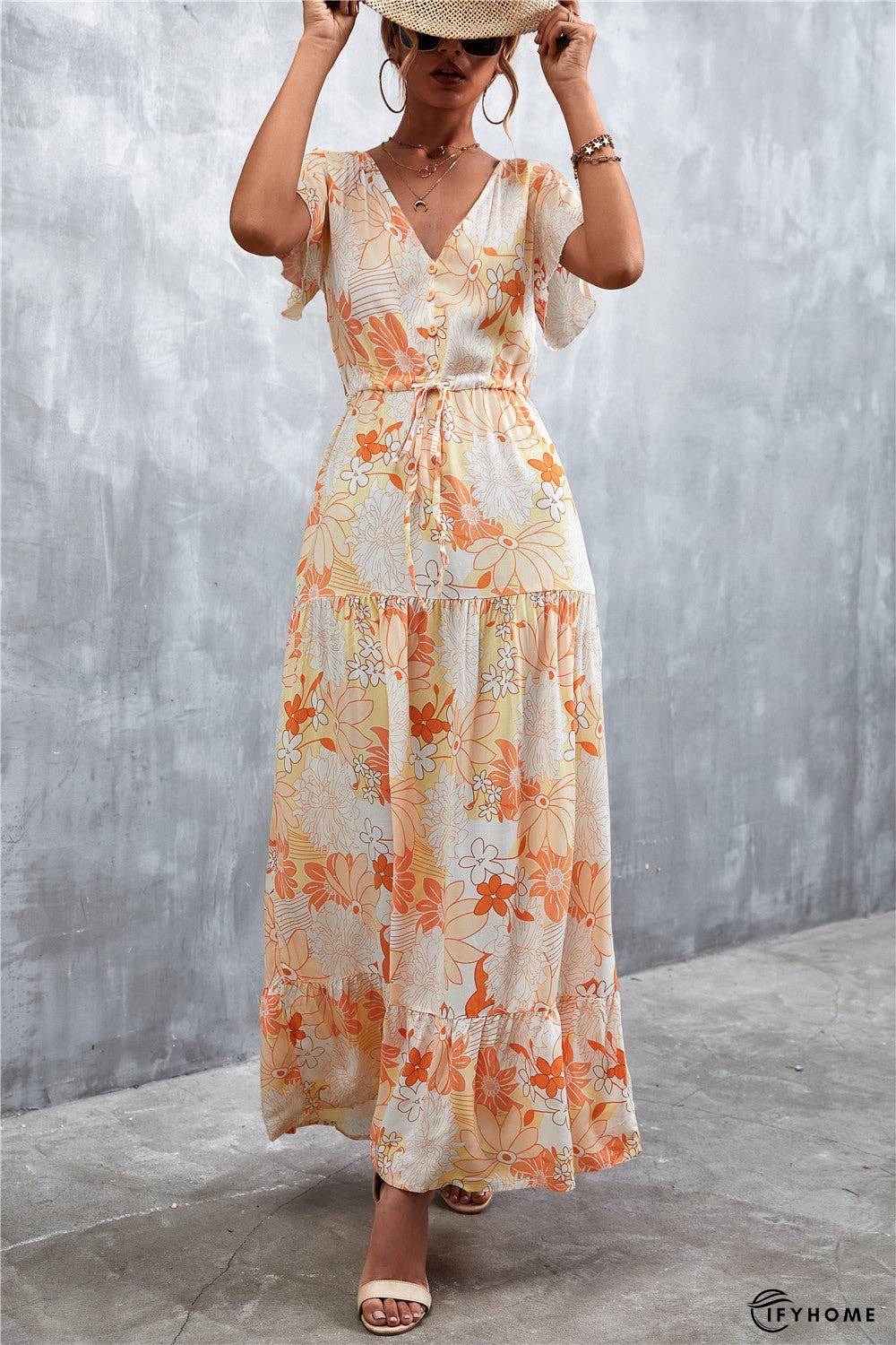 Floral Buttoned Drawstring Waist Tiered Dress | IFYHOME