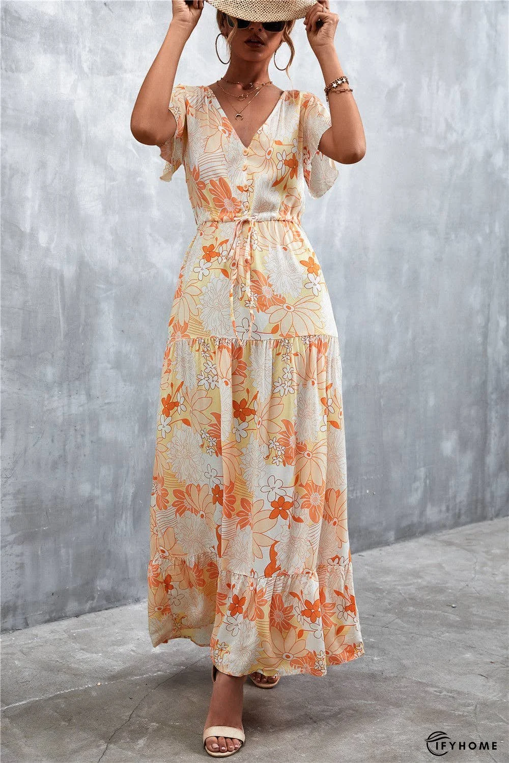 Floral Buttoned Drawstring Waist Tiered Dress | IFYHOME