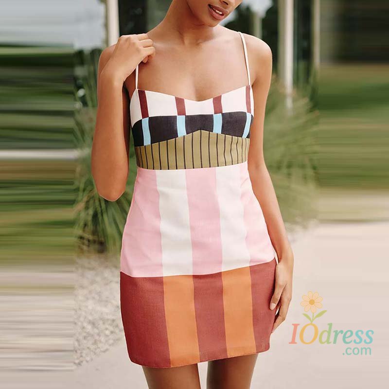 IO Dress Stylish Contrast Color Printed Suspender Mini Dress Elegant Backless Slim Party Wrap Hips Dress Summer New Sleeveless Bohe Dress IO Dress
