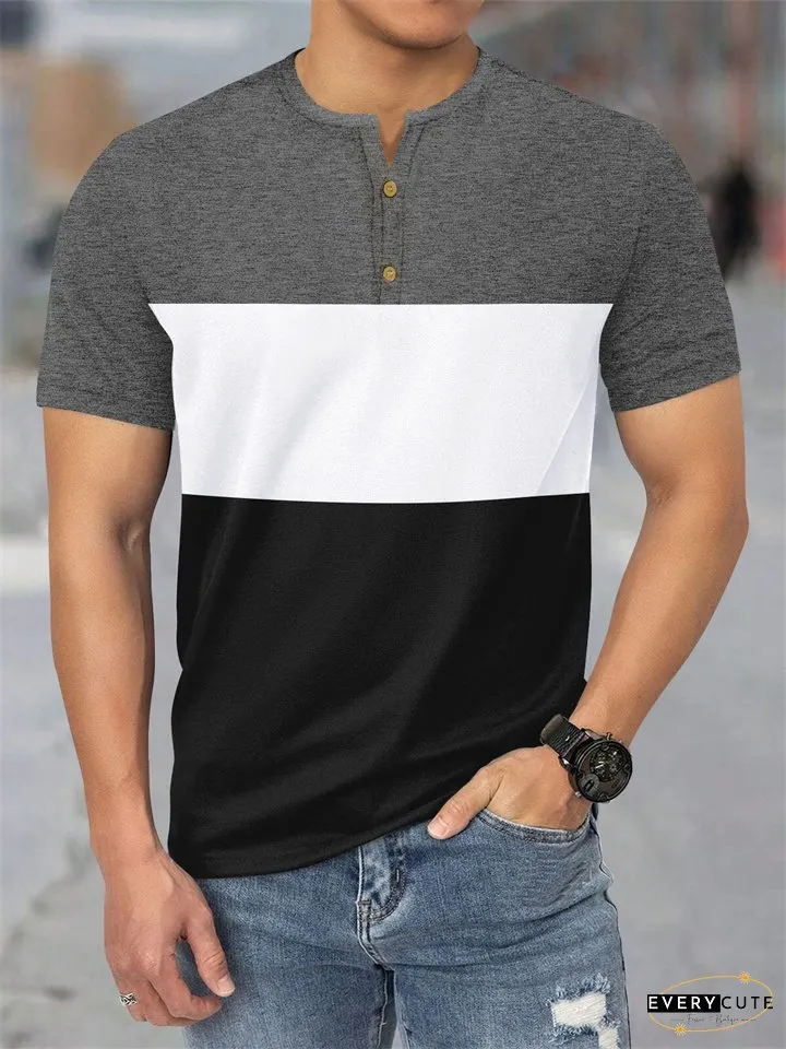 Summer New Large Size Mens Short-sleeved Casual Sports Three-color Splicing T-shirt Henley