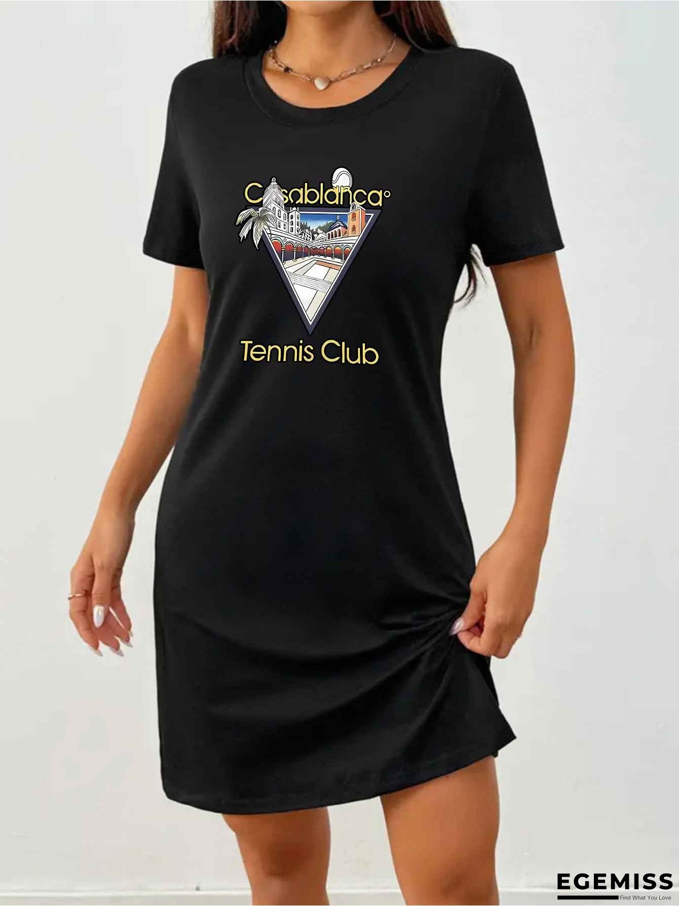 1pc Women's Elegant Tennis Club Graphic Print T-Shirt Dress - Soft Polyester, Casual Crew Neck, Short Sleeve, All-Season Comfort, Easy Care, Minimalist Design For Casual Attire, Casual Attire Dress | Sporty Aesthetic Dress | Comfortable Fit | EGEMISS