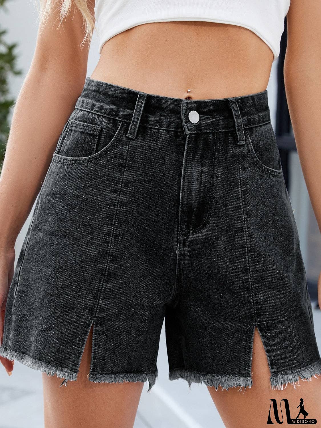 Raw Hem Slit Denim Shorts