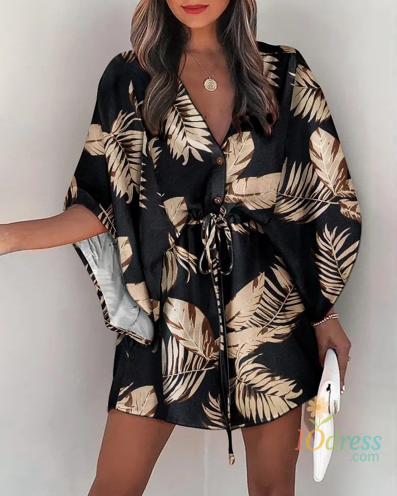 IO Dress Summer Casual Dress Women Fashion Flying Sleeve V-neck Print Beach Party Dresses Elegant Lace Up Mini Dress Robe Femme 2024 New