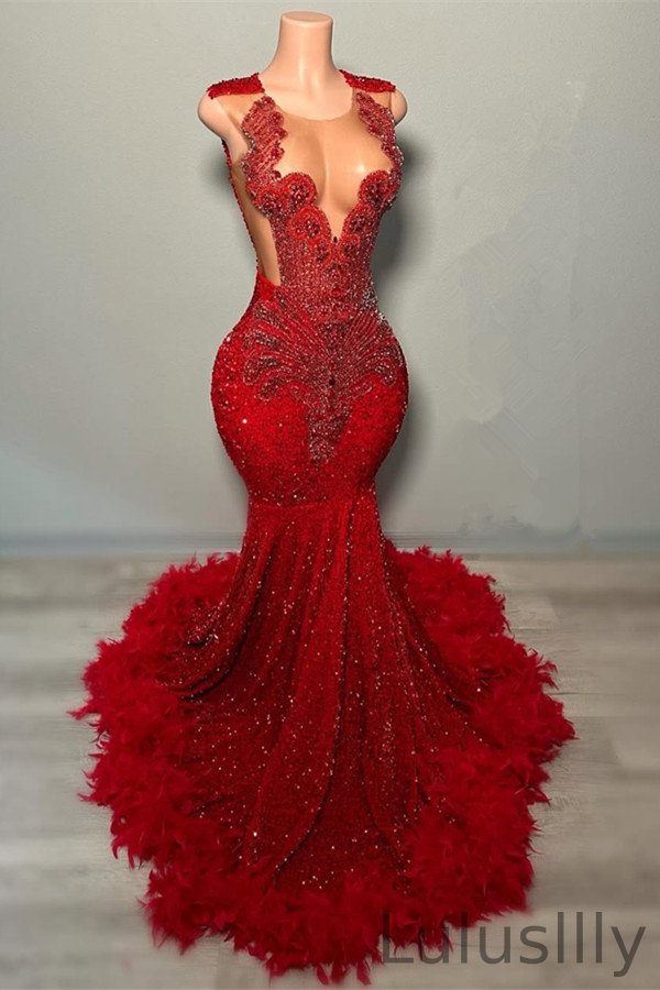 Classy Red Scoop Sleeveless Formal Dresses Mermaid Sequins With Feather - lulusllly
