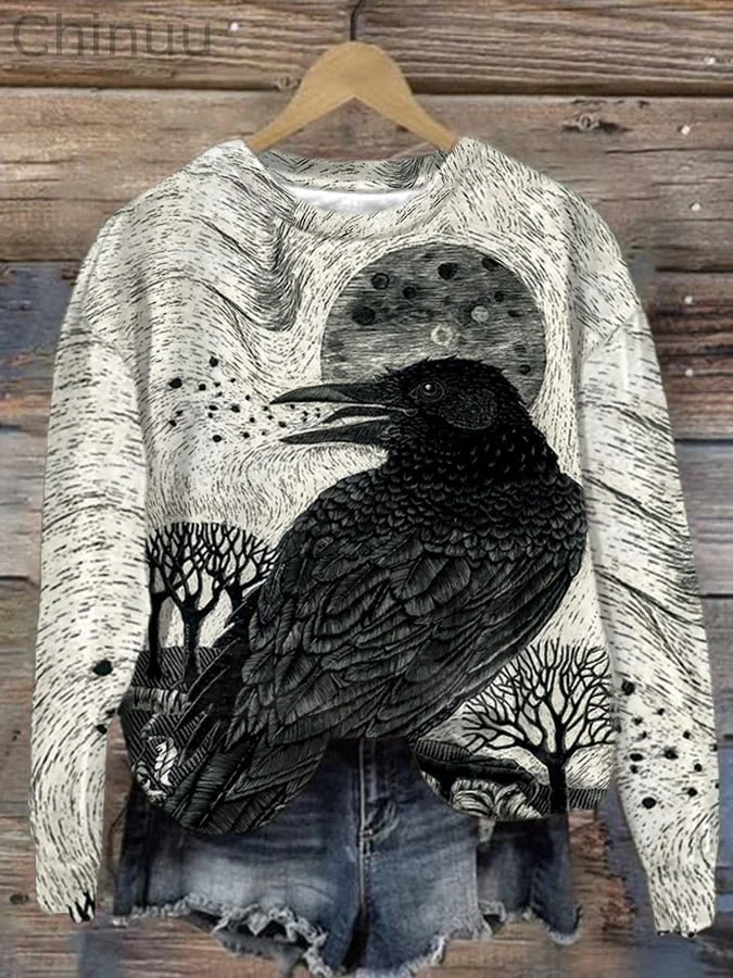 Women's Halloween Raven Pattern Art Print Casual Sweatshirt 