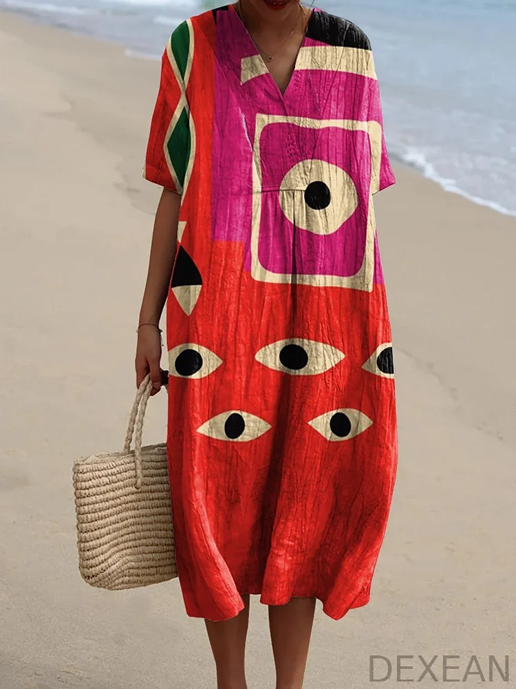 Women's Abstract Eyes and Fish Watercolor Splash Fluid Art Print Flowy Dress