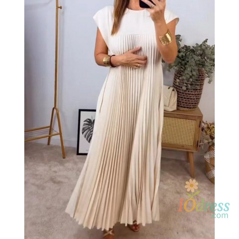 IO Dress Simple All-Match Spliced Pleated Maxi Dress Women Elegant Fashion O-Neck Raglan Sleeve Long Robe Casual Loose Oversize Vestidos IO Dress