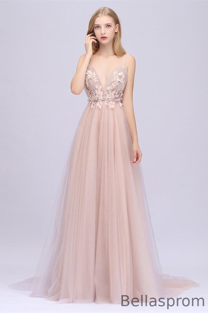Bellasprom Blushing Spaghetti-Straps Evening Party Gowns Tulle Backless With Appliques Bellasprom