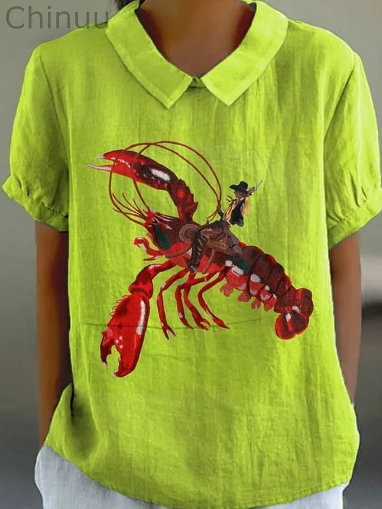 Funny Lobster And Cowboy Graphic Printed Women's Casual Cotton And Linen Shirt