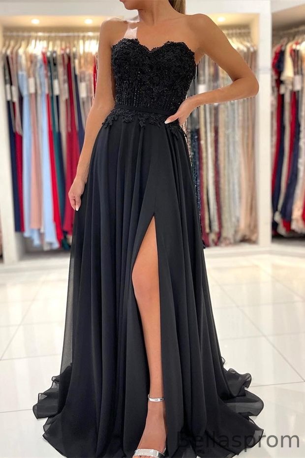 Bellasprom Black Chiffon Prom Dress Appliques With Split Sweetheart Bellasprom
