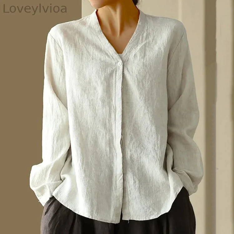 Women's Solid Color Button Linen Cotton Shirt