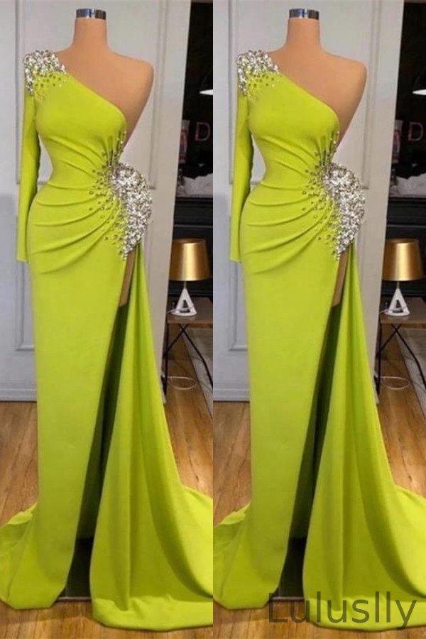 Luluslly One Shoulder Long Sleeves Mermaid Prom Dress Split With Beads
