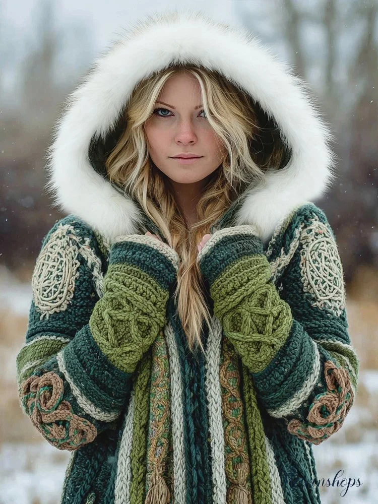 Vintage Irish Celtic Knot Knit Chunky Fur Trim Hooded Cardigan