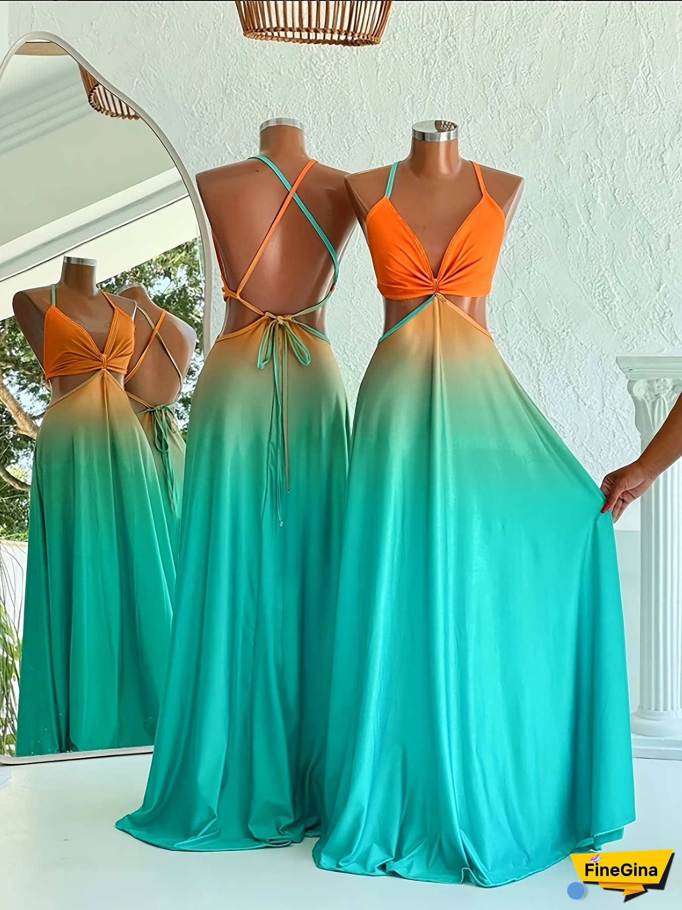 Women's Sexy Elegant Beach Dress - Back Tie-Up Formal Party & Vacation Outfit - Turquoise To Coral Color Gradient - Machine Washable Evening Gown For Women, Beachy Clothes, Summer Fashion, Flowy Fabric