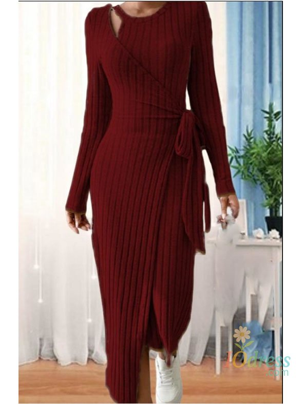 IO Dress 2024 Spring Autumn New Women's Stripe Lace Fashion Round Neck Long Sleeve Slim Fit Wrap Hip Bow Casual Comfortable Dress