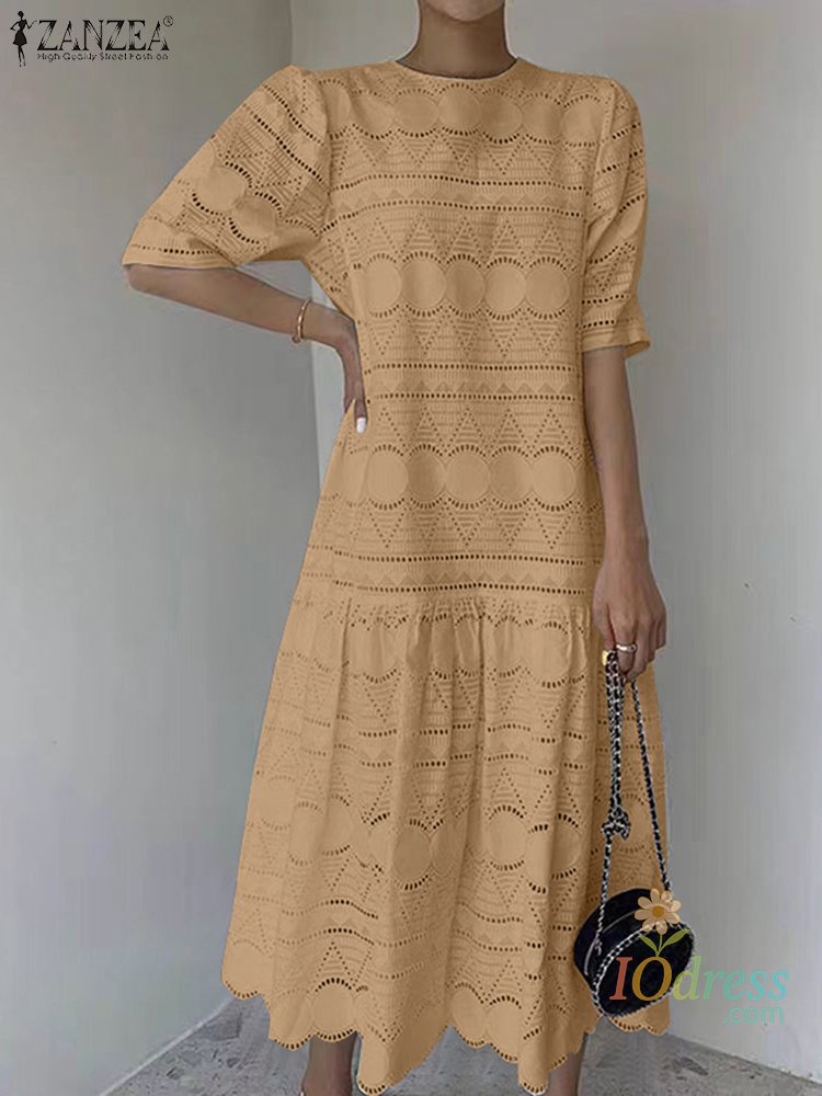 IO Dress Shop Women Summer Party Dress Lace Vestidos 2025 Hollow Out Ruffled Sundress Bohemian Patchwork Solid Color Casual A-line Robe IO Dress