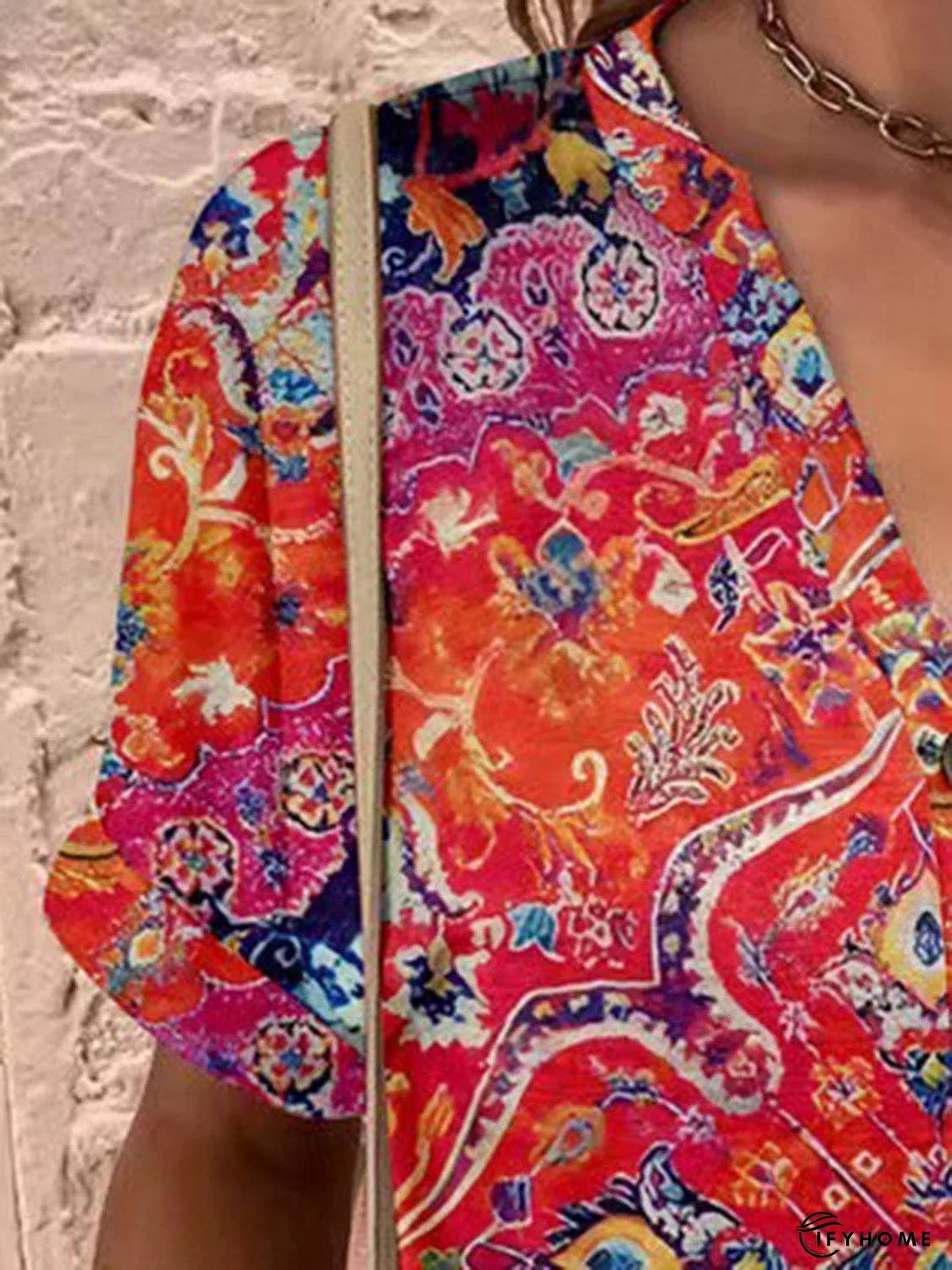 Full Size Printed Notched Short Sleeve Blouse | IFYHOME