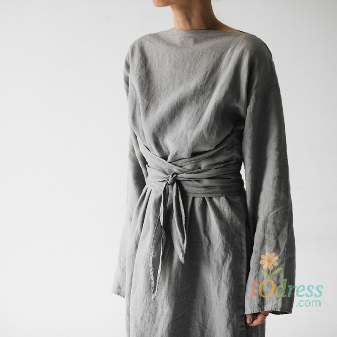 IO Dress Women Elegance Audrey Hepburn Style Round Neck 3/4 Puff Sleeve Swing Maxi Dress Long Belt Dresses with Pockets IO Dress