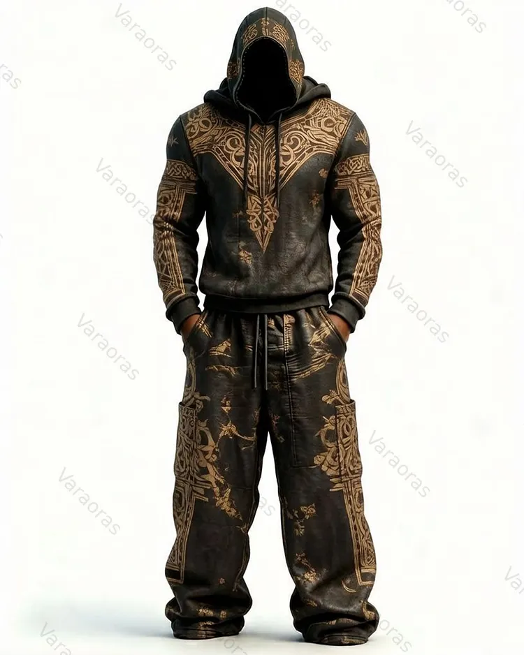 Men's Viking-Style Color-Blocked Knot Embroidered Hoodie and Pants Set 9358
