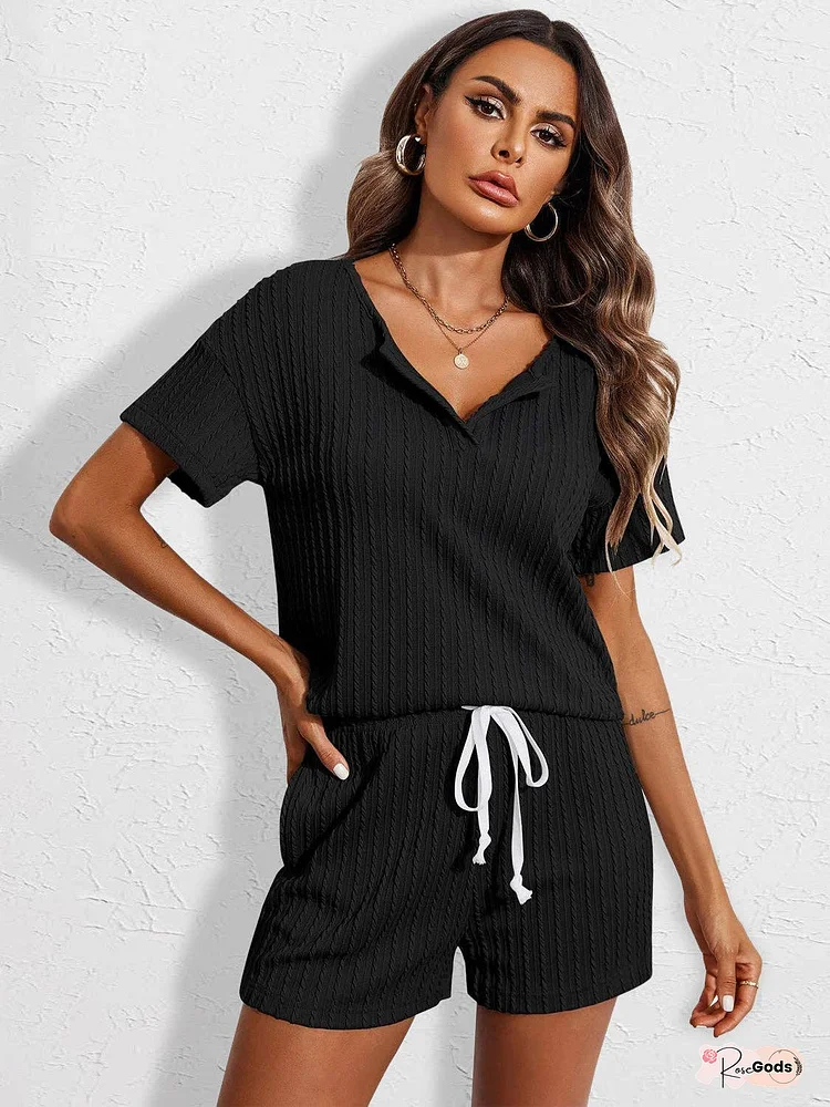 Notched Short Sleeve Top and Shorts Set - Drawstring Feature