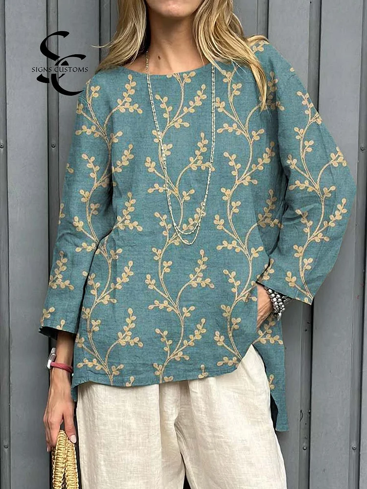 Women's Vintage Floral Pattern Art Print Casual Cotton And Linen Shirt