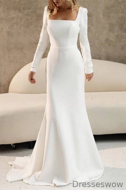 Dresseswow Square Long Sleeves Satin Wedding Dress Mermaid Long