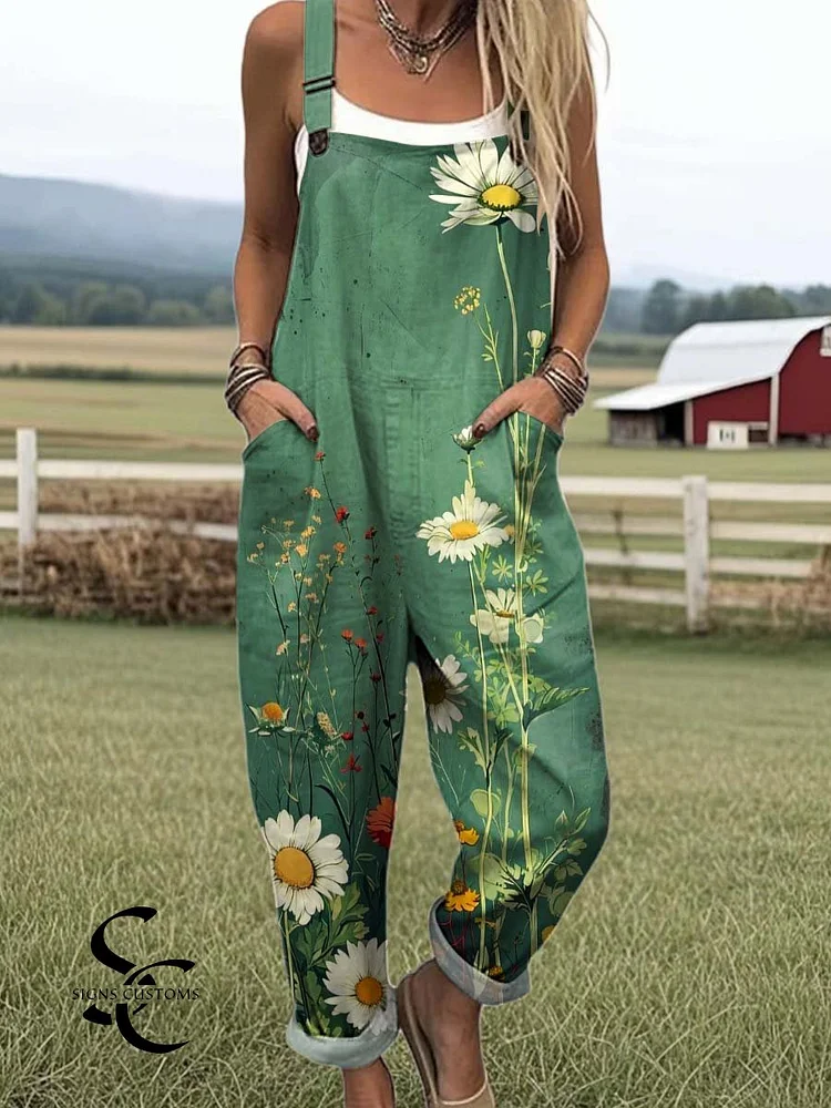 Women's Lovely Floral Art Print Casual 100% Cotton Wide Leg Jumpsuit