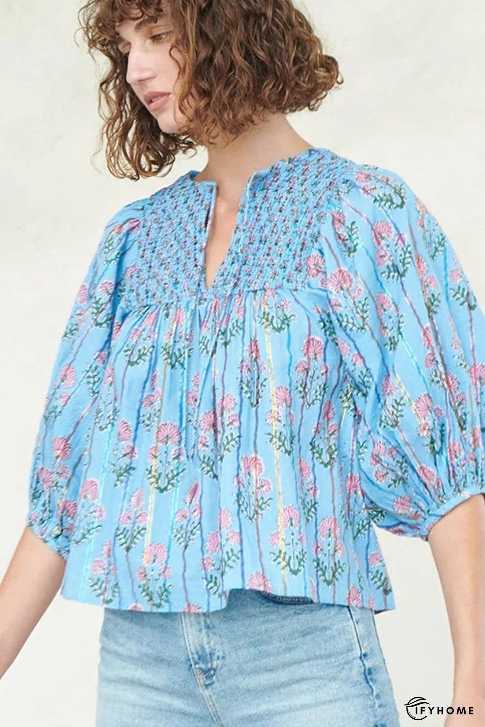 Smocked Floral Print Tie Neck Blouse | IFYHOME
