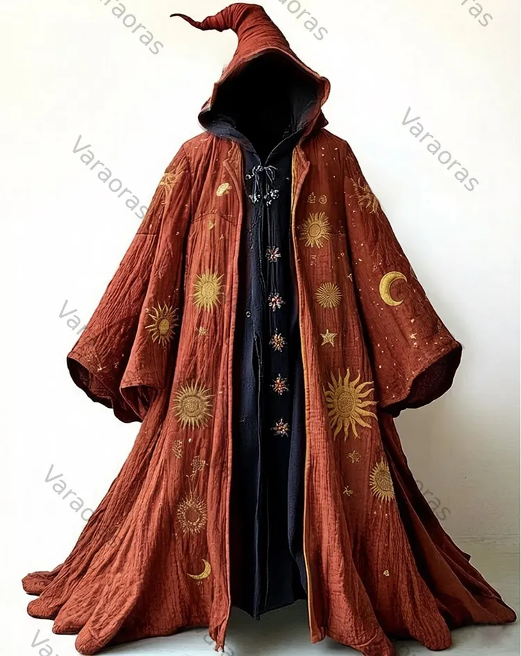 Men's Fashion Star and Moon Embroidered Linen Hooded Cape 8099
