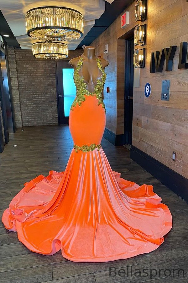 Bellasprom Orange Halter Mermaid Prom Dress Backless With Appliques Bellasprom