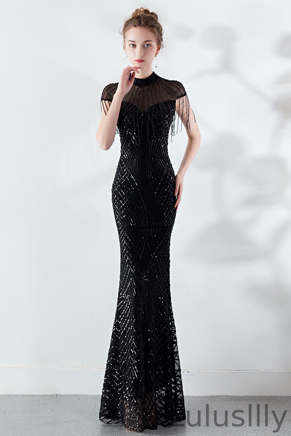 Stunning Sequins Mermaid Evening Gowns Long Sheer Top Prom Dress With Tassels - lulusllly