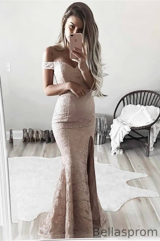 Bellasprom Lace Mermaid Prom Dress With Split Off-the-Shoulder Bellasprom