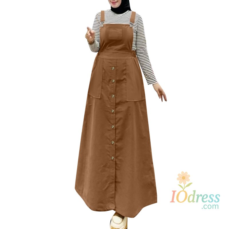 IO Dress choice Suspender Streetwear Pinafore Dress Islamic Hijab Holiday Muslim Women Sleeveless Long Vestidos Workwear Overall Dress