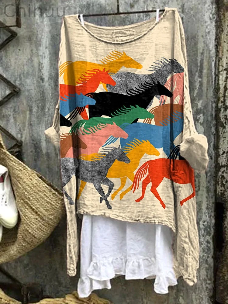 Colorful Horse Print Casual Cozy Linen Shirt