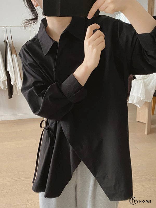 Loose Long Sleeves Frenum Solid Color Lapel Blouses | IFYHOME