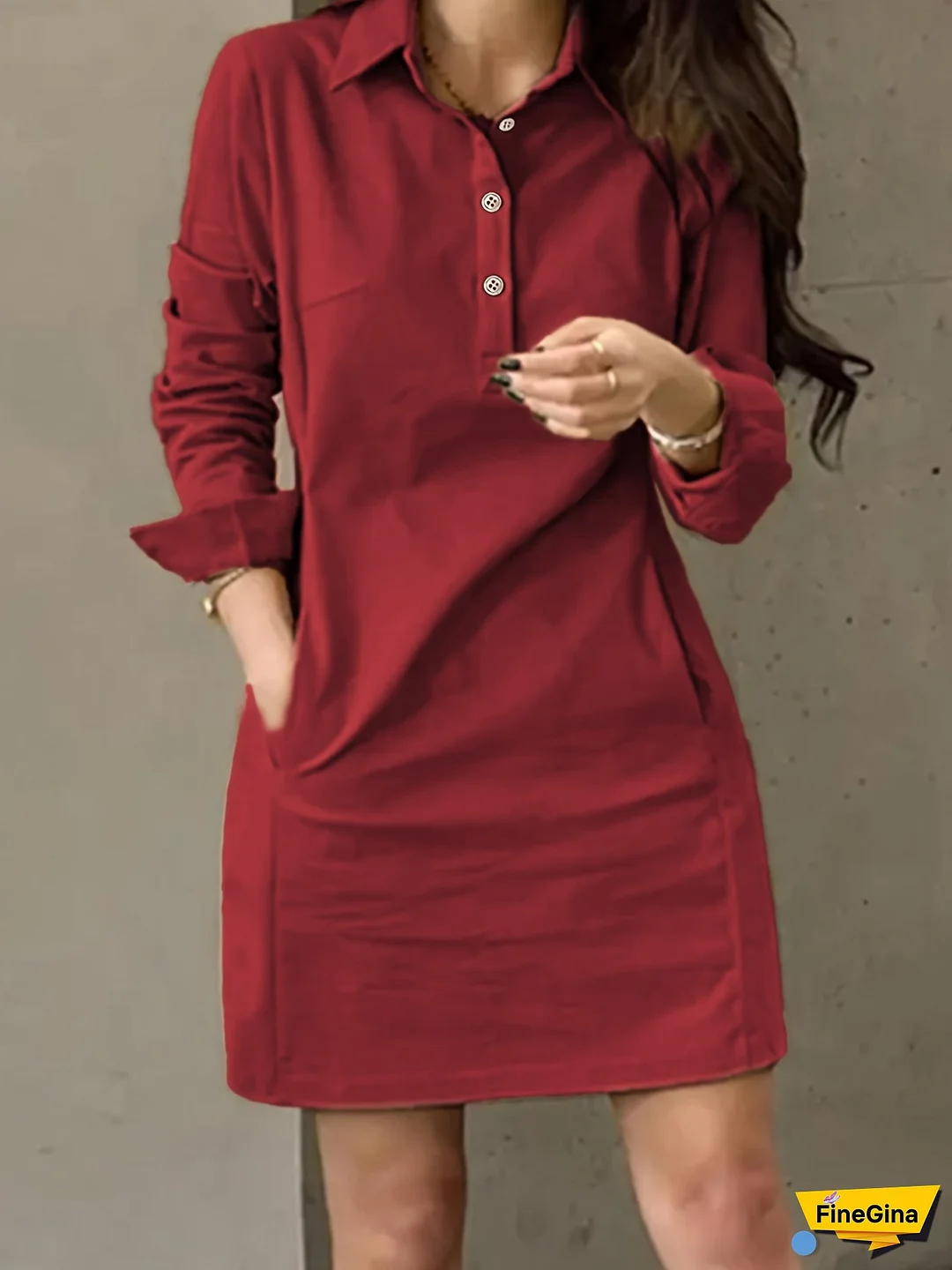 Women's Elegant Long Sleeve Polo Collar Dress - Solid Color, Mid-Length, Button Detail, Casual Style For Spring & Summer, Red, Shirting Style, Casual Attire|Polo Style|Waist-Cinching Desig