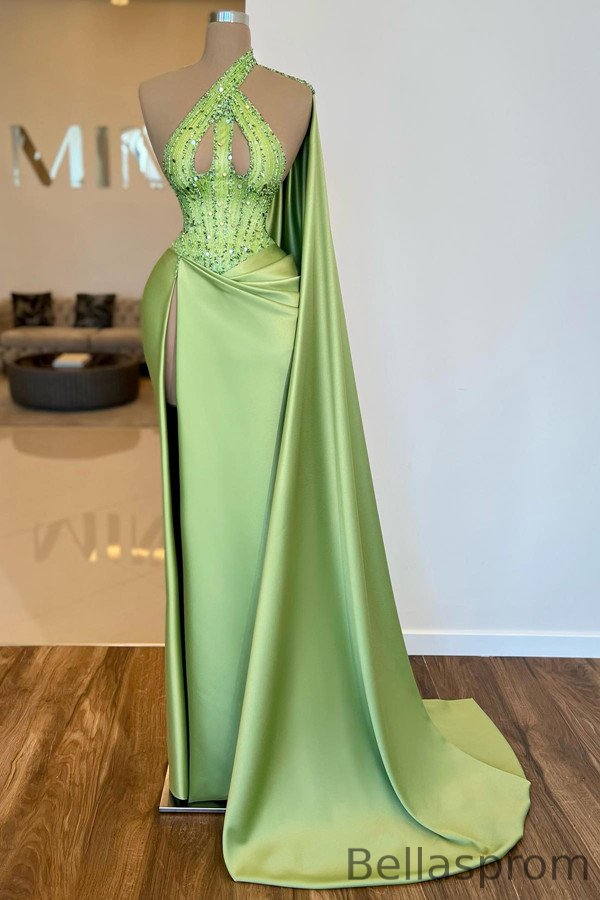 Bellasprom Sage Green One Shoulder Ruffle Prom Dress Mermaid High Slit With Sequins Beads Bellasprom