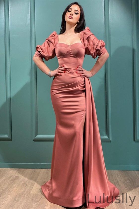 Luluslly Half Sleeves Square Mermaid Long Evening Dress With Side Slit