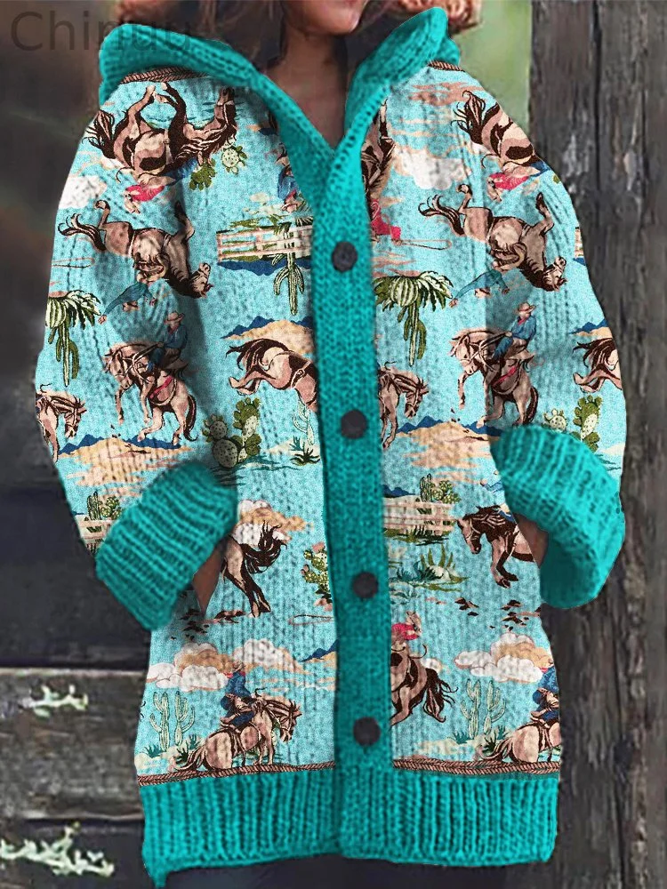 Western Retro Cowboy Print Hooded Cardigan