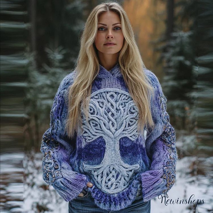 Viking Style Tree Of Life Blue Tie Dye Hooded Sweater