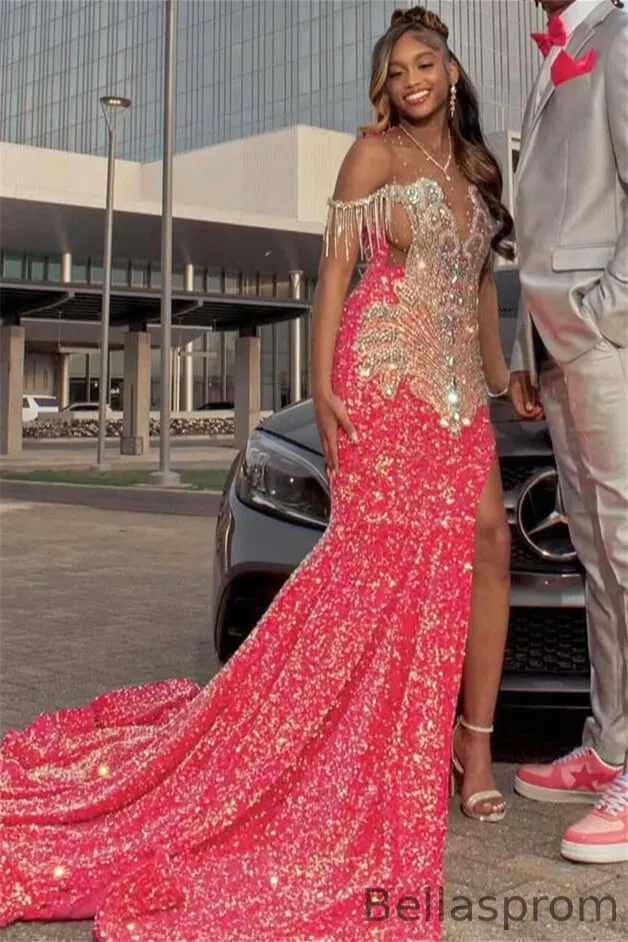 Bellasprom Watermelon Off-the-Shoulder Mermaid Prom Dress Sequins With Slit Beadings Same as Picture-US2