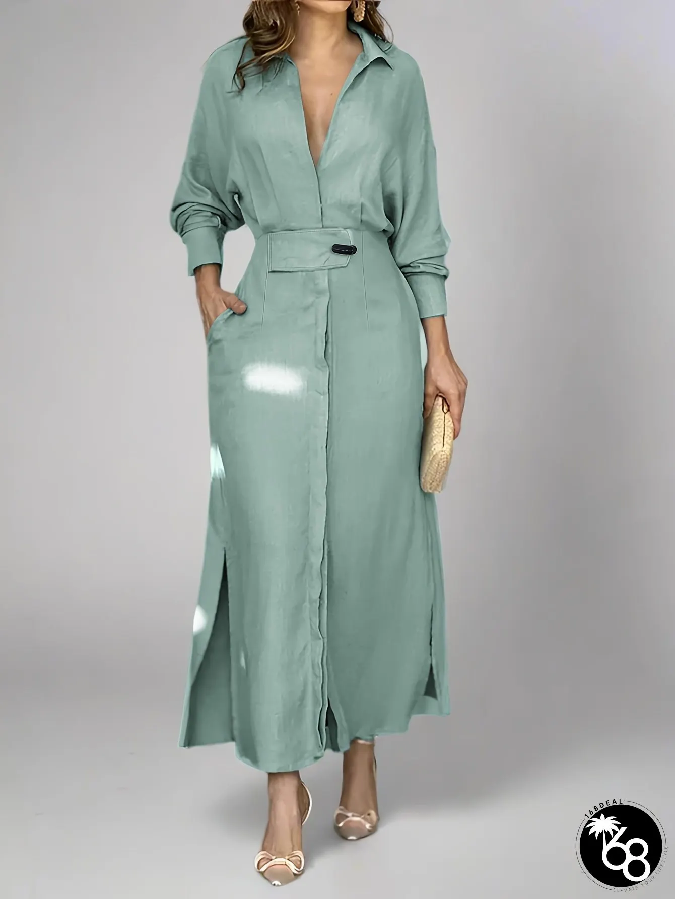 Elegant Womens Office Party Shirt Dress Button-Front Long Sleeve Formal Casual Outfit | 168DEAL