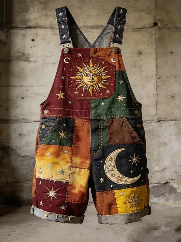 Men's Hippie Art Mysterious Star Moon Sun Colorblock Print Denim-Like Shorts Overalls 3dd7
