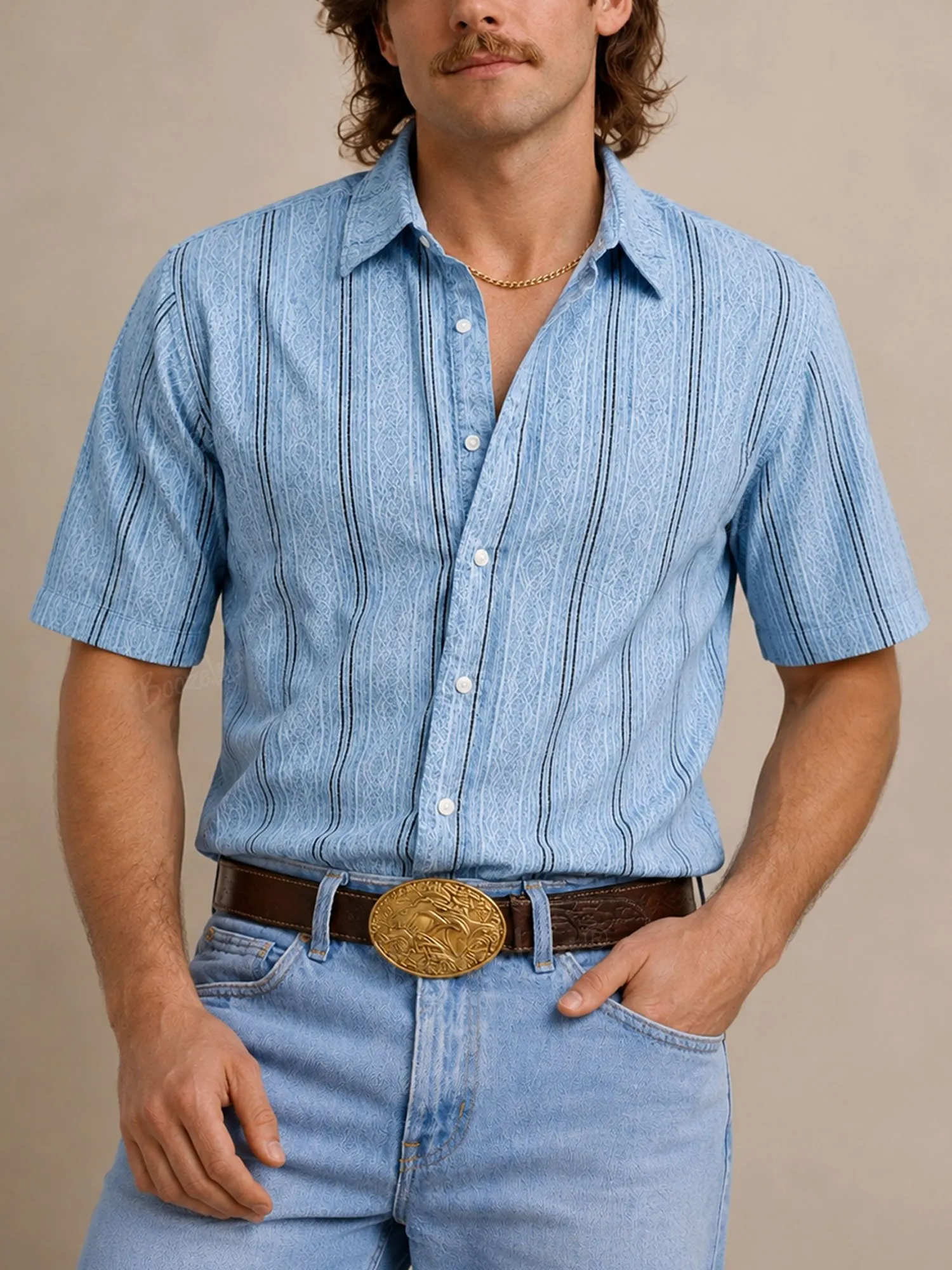 Essential for Beach Vacay &mdash; Vintage Light Blue, Intricate Geometric Jacquard, Breathable Comfort, Men&rsquo;s Western-Style Casual Short Sleeve-100% Cotton