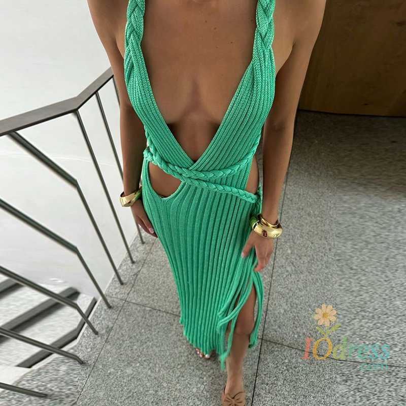 IO Dress Knitted Halter Over Long Dresses Camisole V-Neck Hollow Out Strap Waist Cinching Slimming Split Beach Long Dresses Crochet Robes