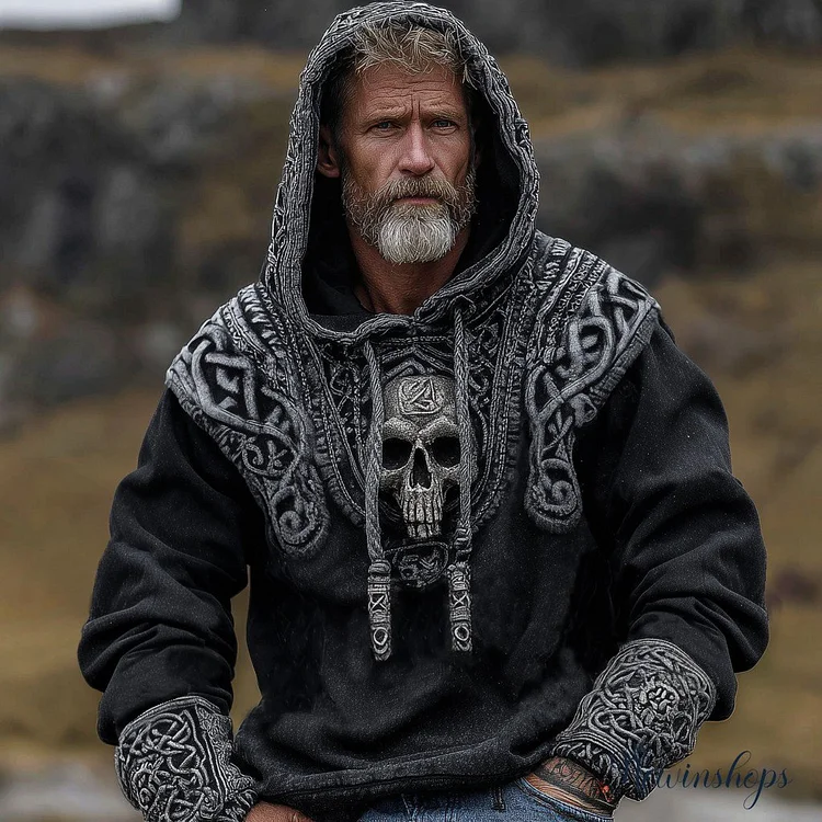 Viking Skull Celtic Knot Inspired Tribal Distressed Washed Hoodie