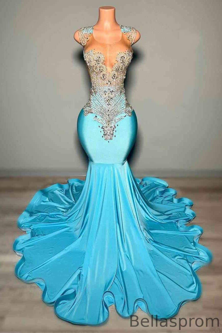 Bellasprom Pool Scoop Sleeveless Prom Dress Mermaid Long With beadings Bellasprom
