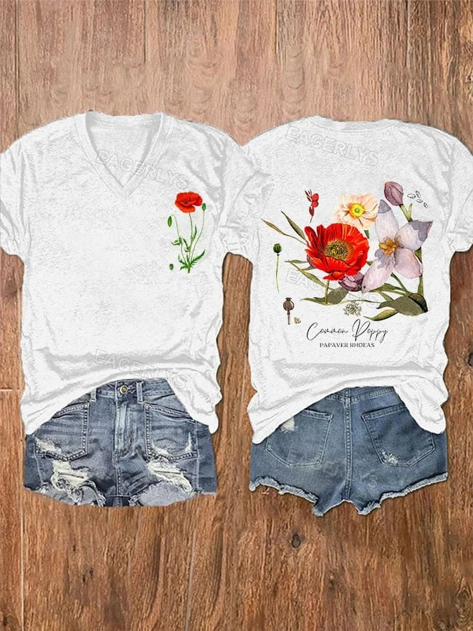 Eagerlys Women's Vintage Poppy Print V Neck T-Shirt Eagerlys
